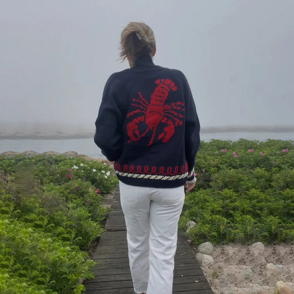 Women's Nautical Knit Cardigan with Whale Motif & Relaxed Fit - Lobster