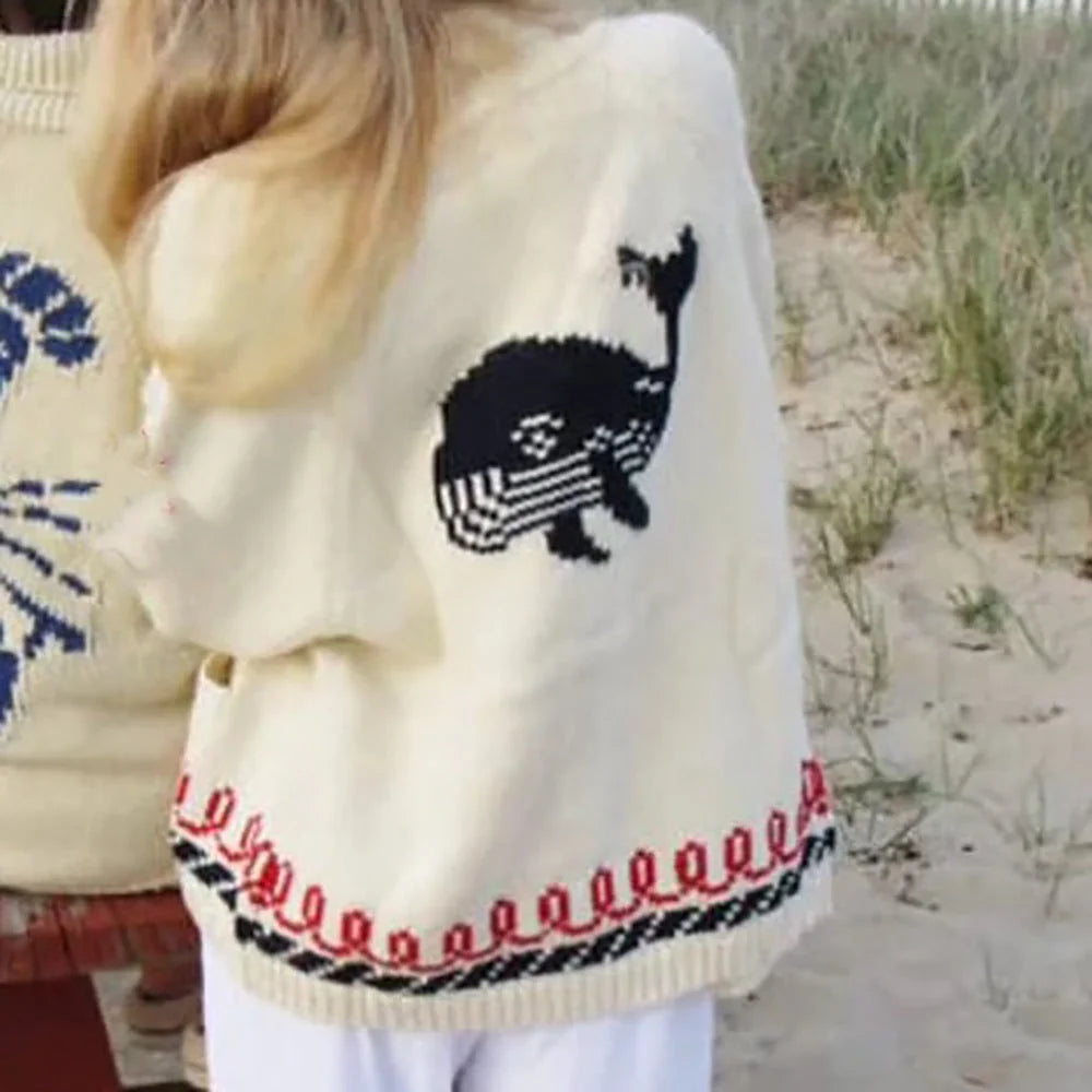 Blue (Wal) Women's Nautical Knit Cardigan with Whale Motif & Relaxed Fit - Wal