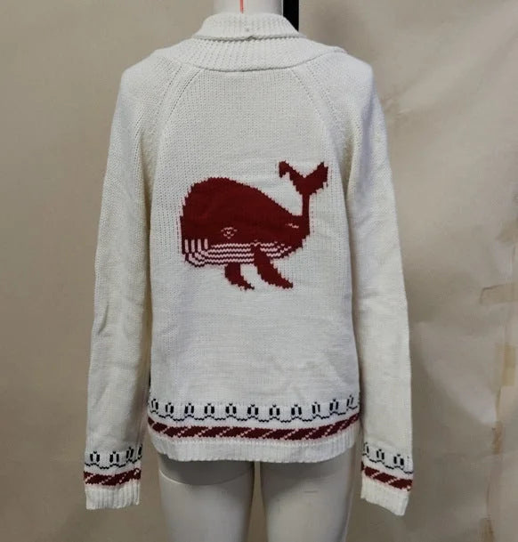 Red (Wal-Motive) Women's Nautical Knit Cardigan with Whale Motif & Relaxed Fit - Wal Motive