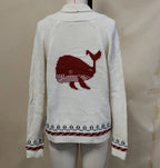 Red (Wal-Motive) Women's Nautical Knit Cardigan with Whale Motif & Relaxed Fit - Wal Motive