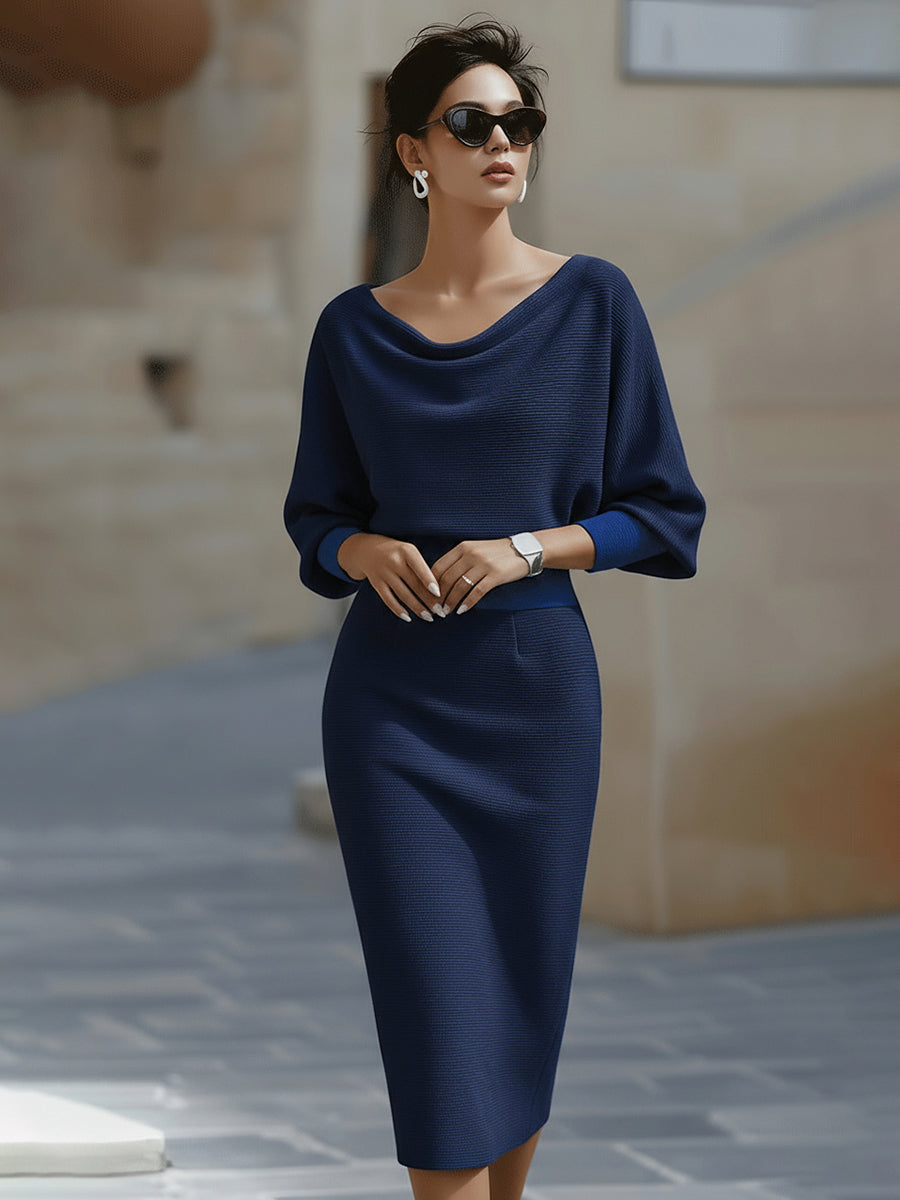 Women's Round Neck Midi Dress with Batwing Sleeves & Back Zip — Kira