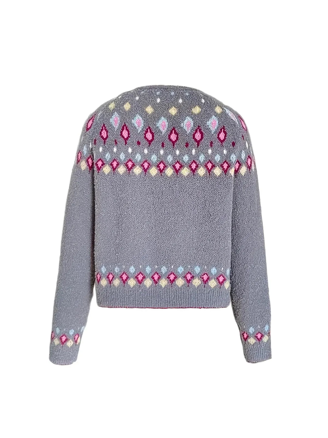 Gray Women's Nordic Print Knit Cardigan — Shea Button-Front Fair Isle V-Neck - Back Flat Lay