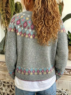 Gray Women's Nordic Print Knit Cardigan — Shea Button-Front Fair Isle V-Neck - Back Worn Detail
