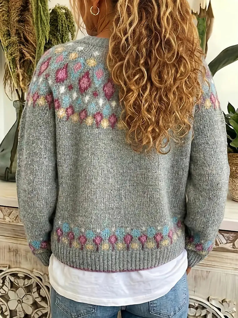 Gray Women's Nordic Print Knit Cardigan — Shea Button-Front Fair Isle V-Neck - Back Worn Detail