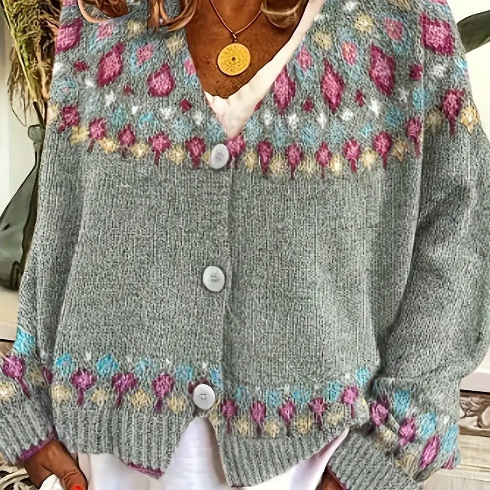 Gray Women's Nordic Print Knit Cardigan — Shea Button-Front Fair Isle V-Neck - Front Close Up