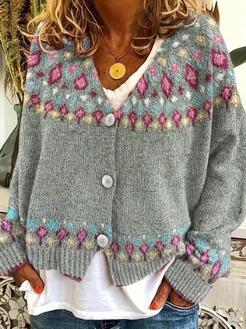 Gray Women's Nordic Print Knit Cardigan — Shea Button-Front Fair Isle V-Neck - Front Full