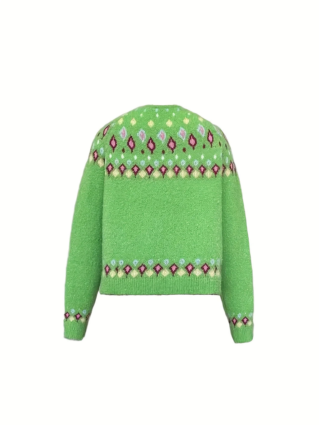 Green Women's Nordic Print Knit Cardigan — Shea Button-Front Fair Isle V-Neck - Back Flat Lay