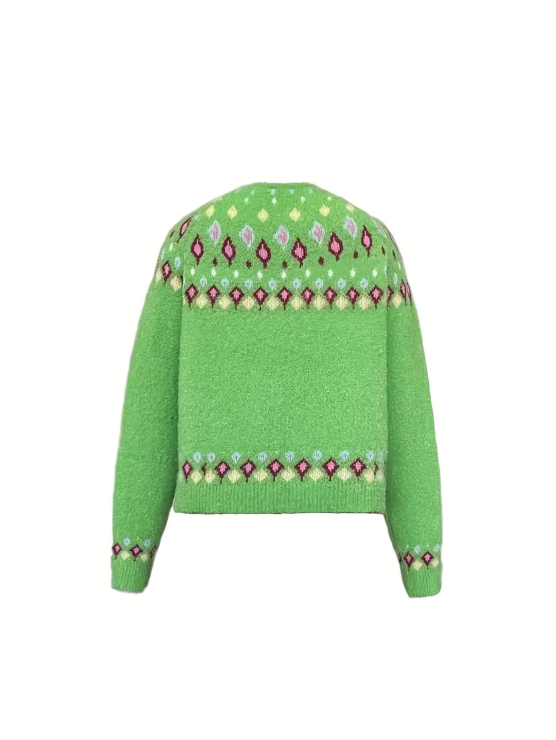 Green Women's Nordic Print Knit Cardigan — Shea Button-Front Fair Isle V-Neck - Back Flat Lay