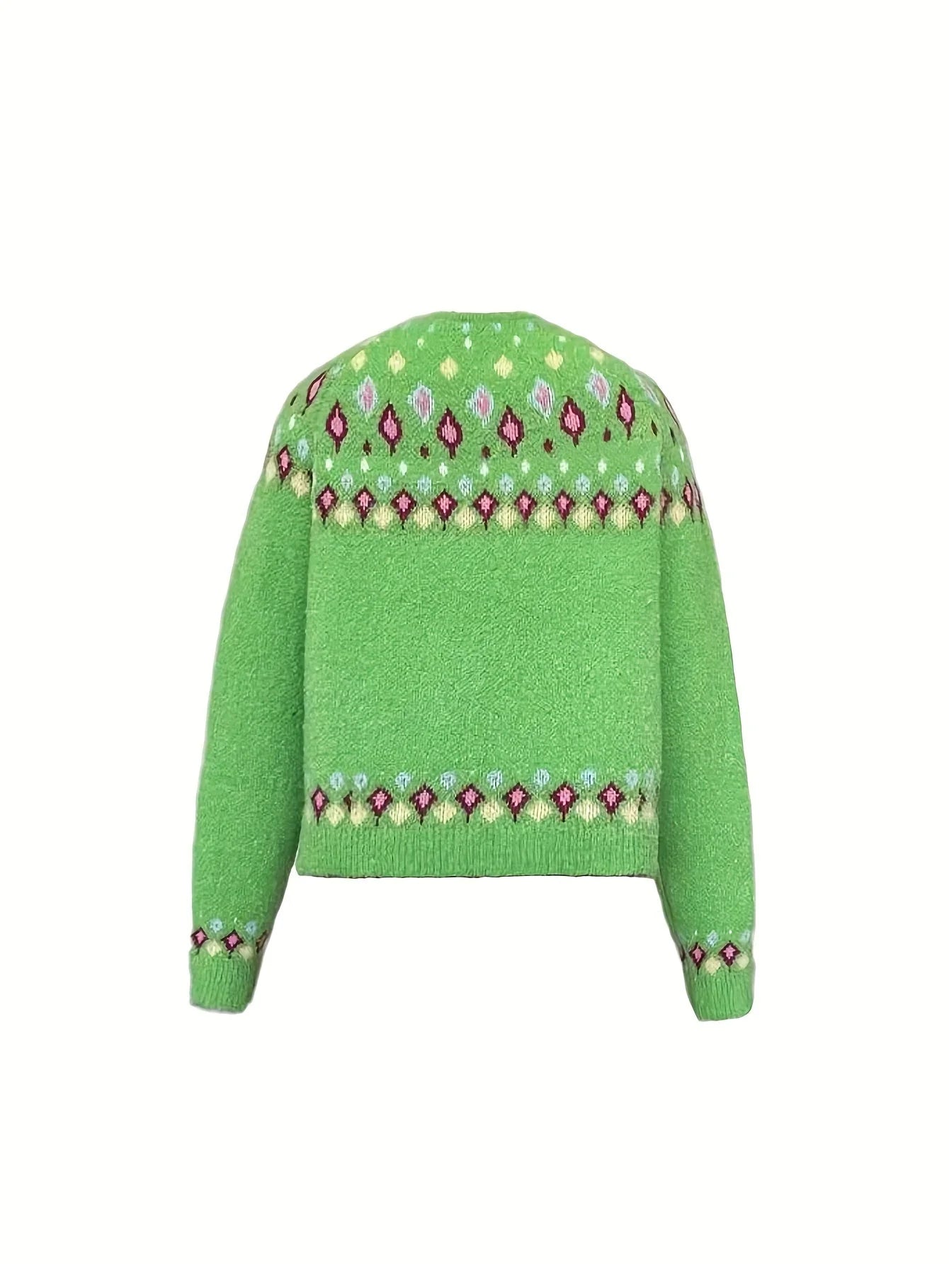 Green Women's Nordic Print Knit Cardigan — Shea Button-Front Fair Isle V-Neck - Back Flat Lay