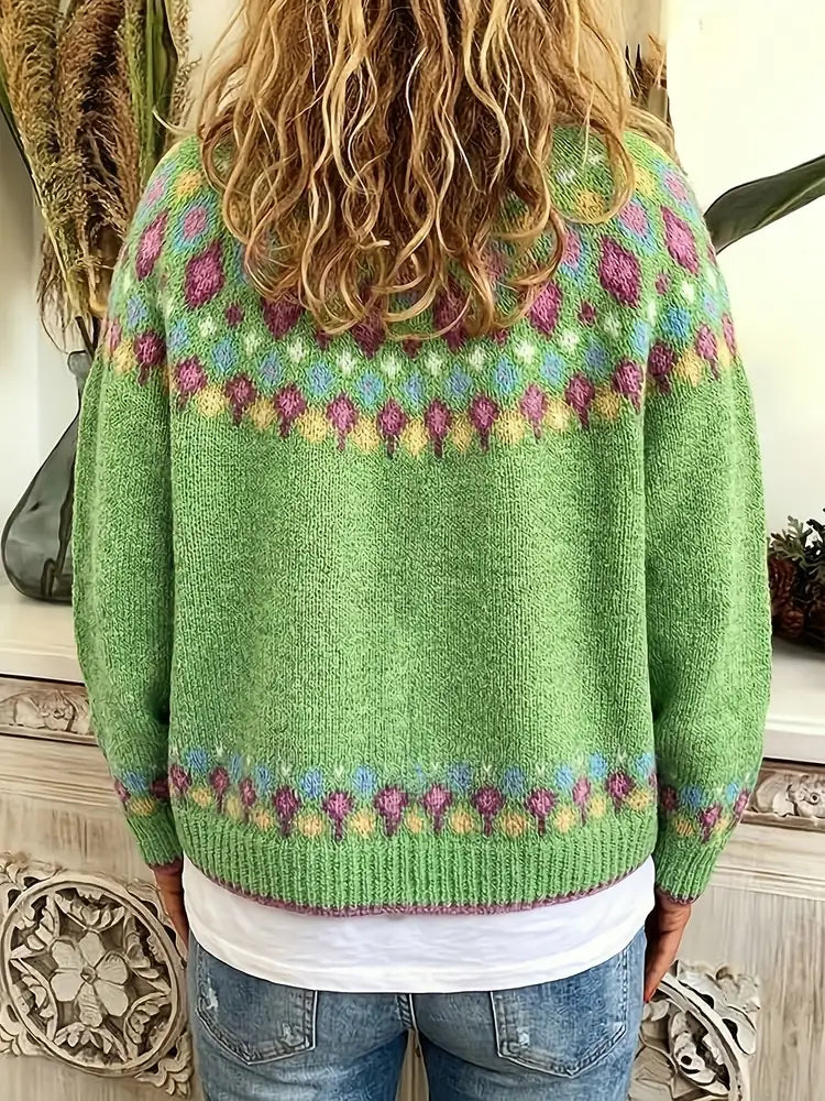 Green Women's Nordic Print Knit Cardigan — Shea Button-Front Fair Isle V-Neck - Back Worn Alt