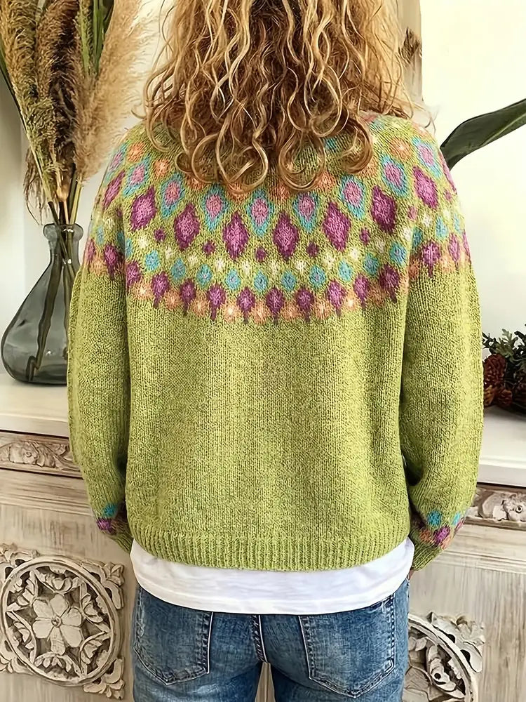 Green Women's Nordic Print Knit Cardigan — Shea Button-Front Fair Isle V-Neck - Back Worn Pose