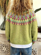 Green Women's Nordic Print Knit Cardigan — Shea Button-Front Fair Isle V-Neck - Back Worn Pose