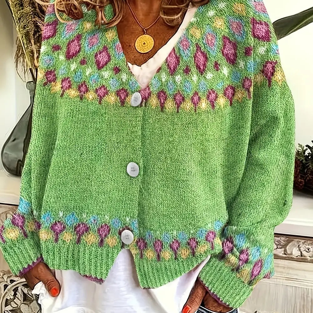 Green Women's Nordic Print Knit Cardigan — Shea Button-Front Fair Isle V-Neck - Front Close Up