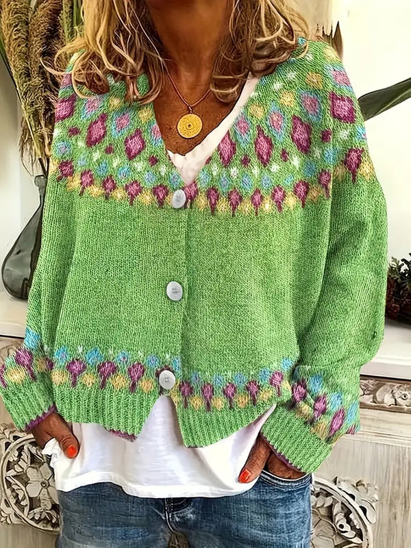 Green Women's Nordic Print Knit Cardigan — Shea Button-Front Fair Isle V-Neck - Front Full Pose