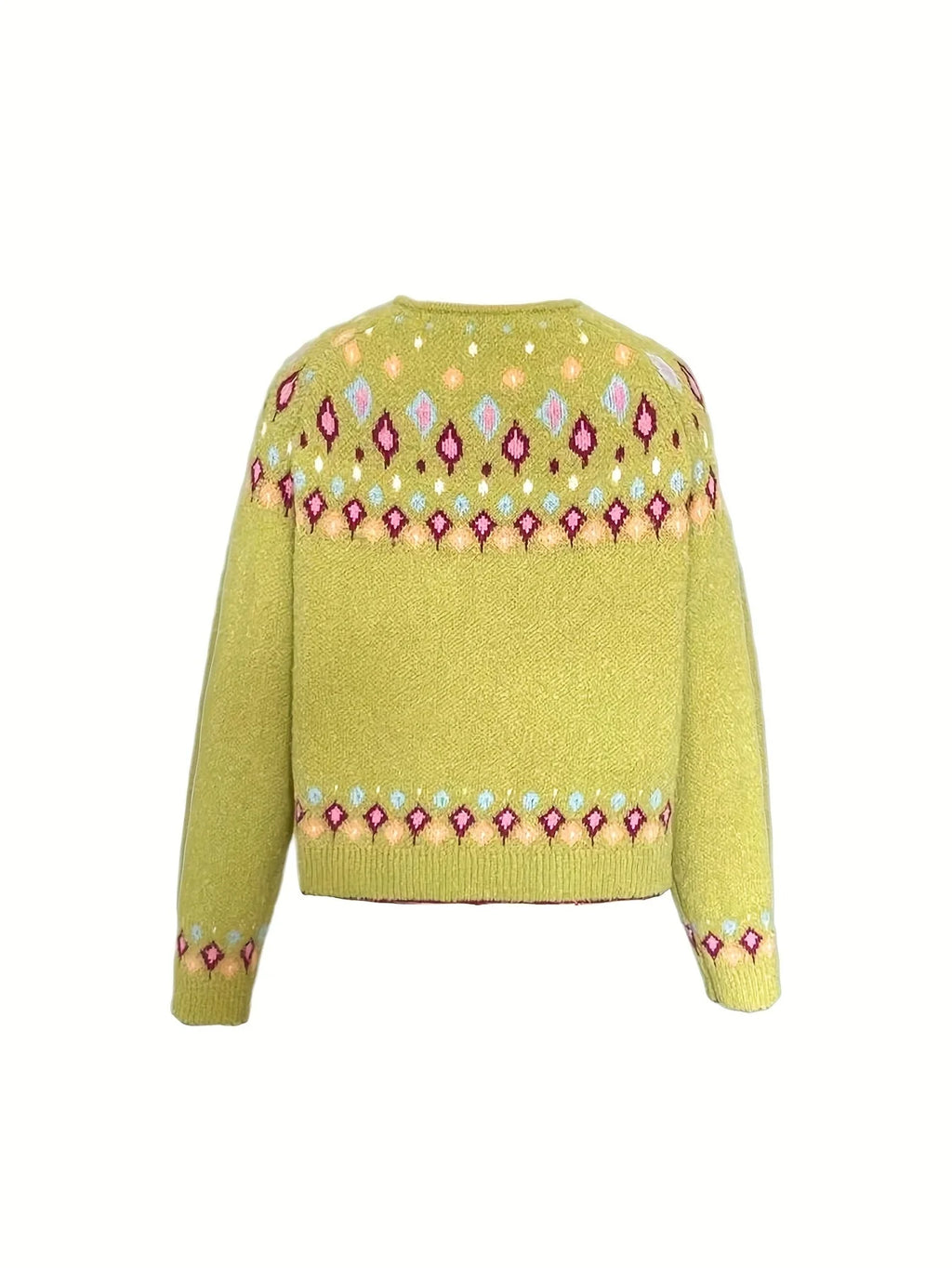 Yellow Women's Nordic Print Knit Cardigan — Shea Button-Front Fair Isle V-Neck - Back Flat Lay