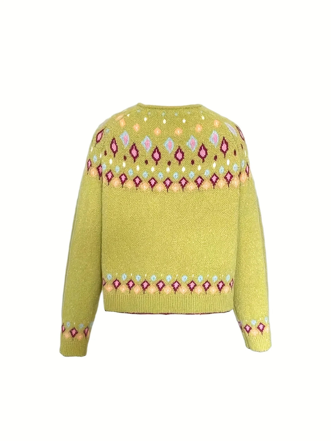 Yellow Women's Nordic Print Knit Cardigan — Shea Button-Front Fair Isle V-Neck - Back Flat Lay