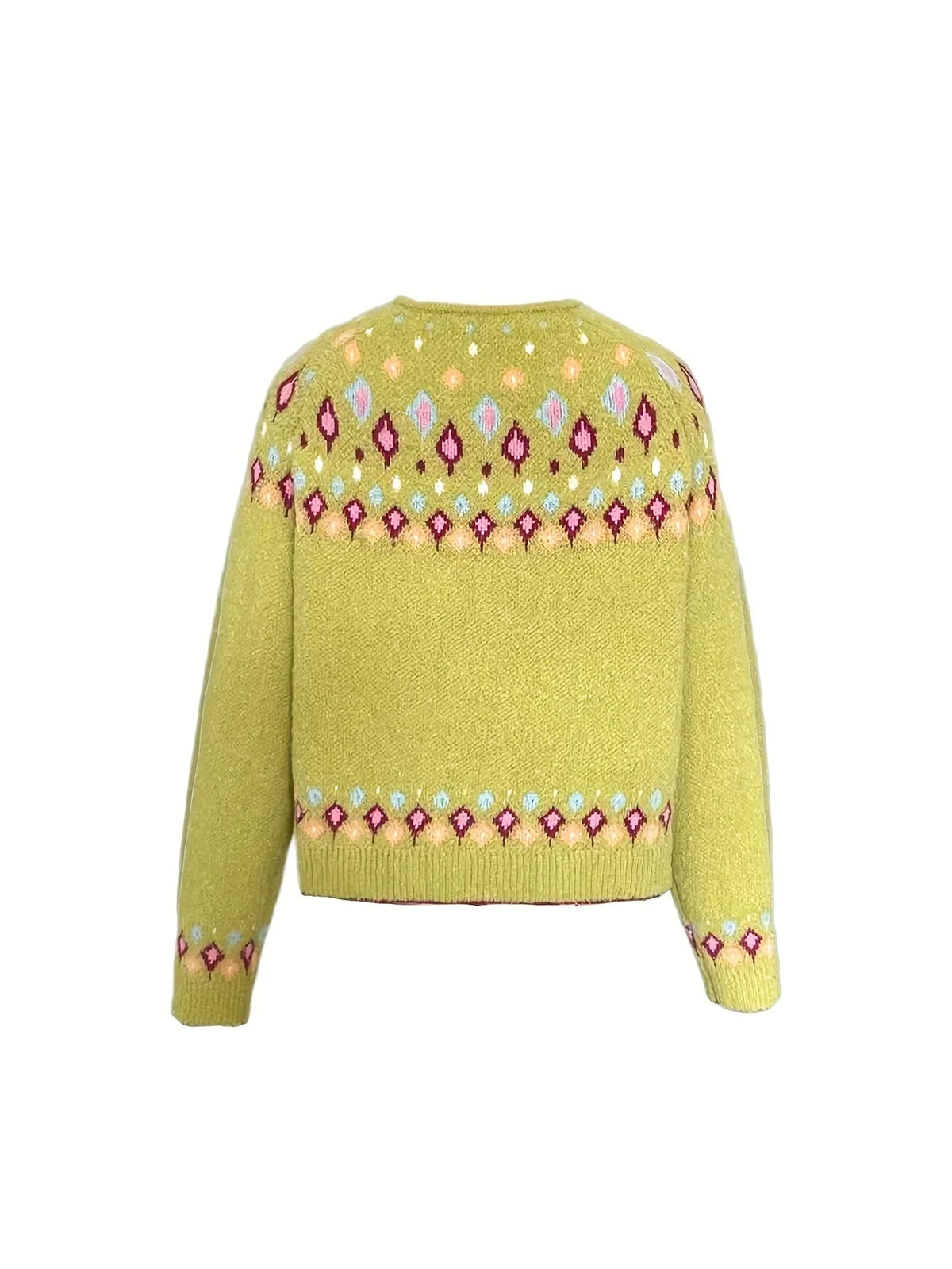 Yellow Women's Nordic Print Knit Cardigan — Shea Button-Front Fair Isle V-Neck - Back Flat Lay