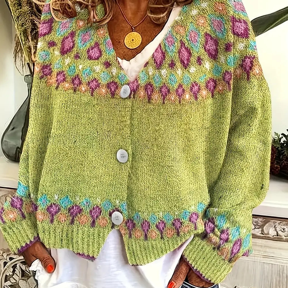 Yellow Women's Nordic Print Knit Cardigan — Shea Button-Front Fair Isle V-Neck - Front Close Up Alt