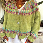 Yellow Women's Nordic Print Knit Cardigan — Shea Button-Front Fair Isle V-Neck - Front Close Up Alt