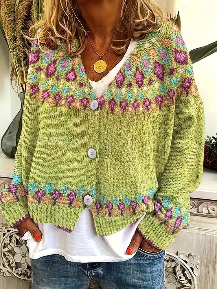 Yellow Women's Nordic Print Knit Cardigan — Shea Button-Front Fair Isle V-Neck - Front Full Alt