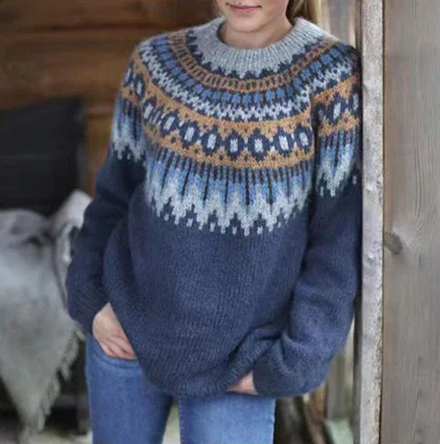 Blue Men's Nordic Wool Sweater with Relaxed Fit & Ribbed Cuffs