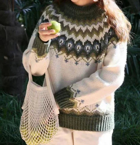 Green Men's Nordic Wool Sweater with Relaxed Fit & Ribbed Cuffs