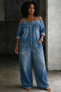 Women's Off-Shoulder Denim Jumpsuit — Georgia Relaxed Button-Front Wide-Leg