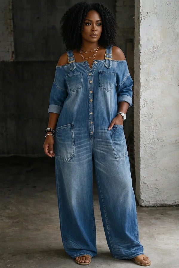 Blue Women's Off-Shoulder Denim Jumpsuit — Georgia Relaxed Button-Front Wide-Leg - Front Full Pose
