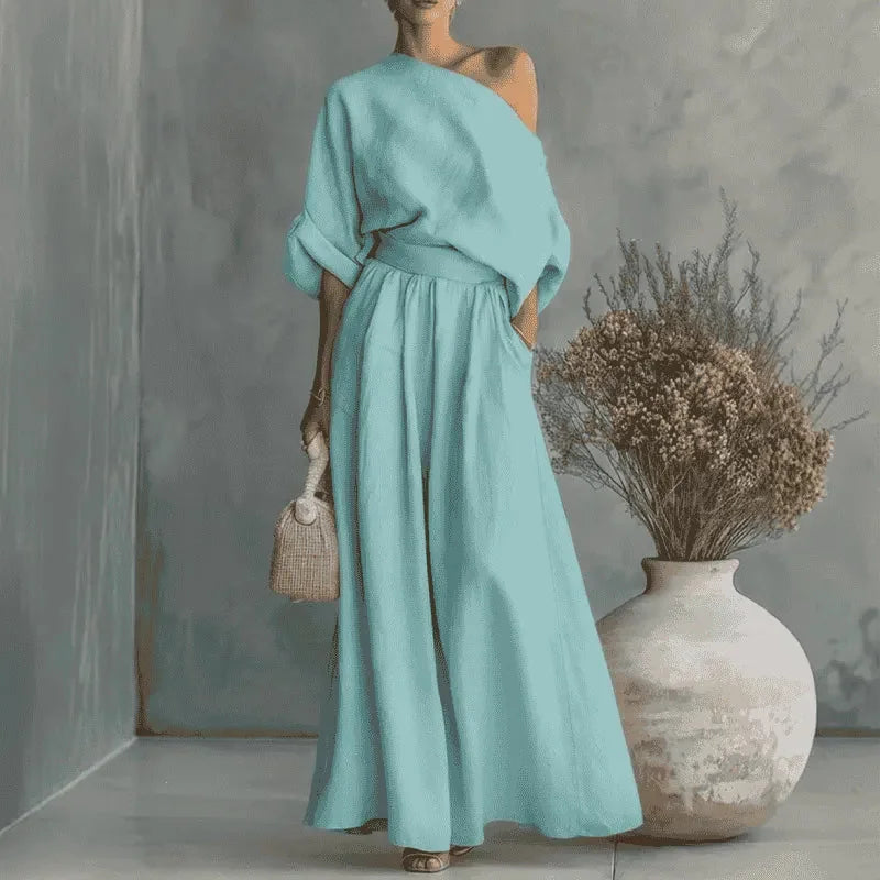 Blue Women's Wide-Leg Two-Piece Set — May Linen One-Shoulder Batwing - Studio Illustration