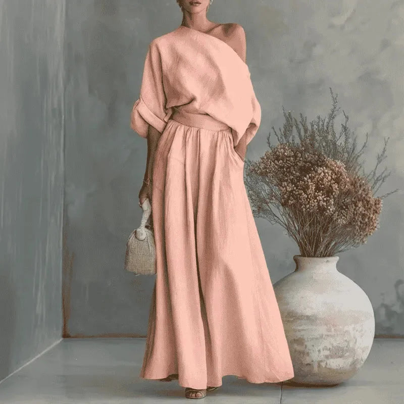 Blush Women's Wide-Leg Two-Piece Set — May Linen One-Shoulder Batwing - Studio Illustration