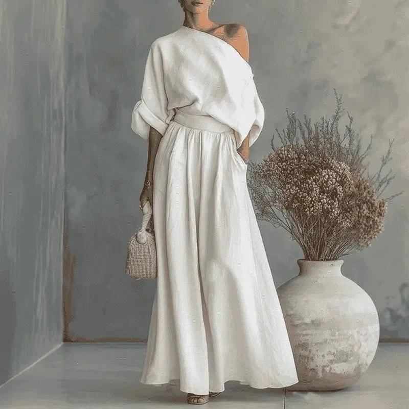 Ivory Women's Wide-Leg Two-Piece Set — May Linen One-Shoulder Batwing - Studio Illustration