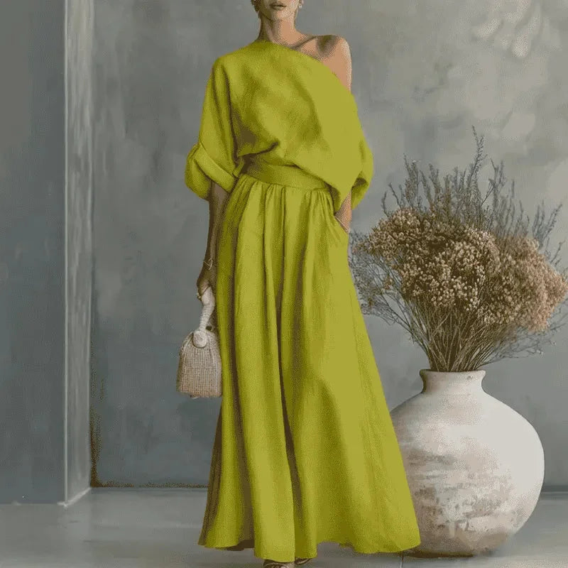 Lime Women's Wide-Leg Two-Piece Set — May Linen One-Shoulder Batwing - Green Studio Illustration