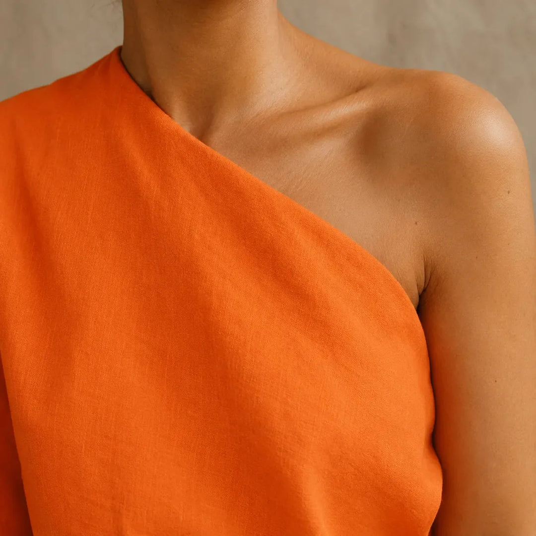 Orange Women's Wide-Leg Two-Piece Set — May Linen One-Shoulder Batwing - Close Up Shoulder Detail
