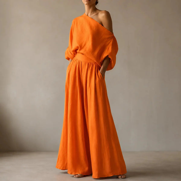 Orange Women's Wide-Leg Two-Piece Set — May Linen One-Shoulder Batwing - Front Full Studio