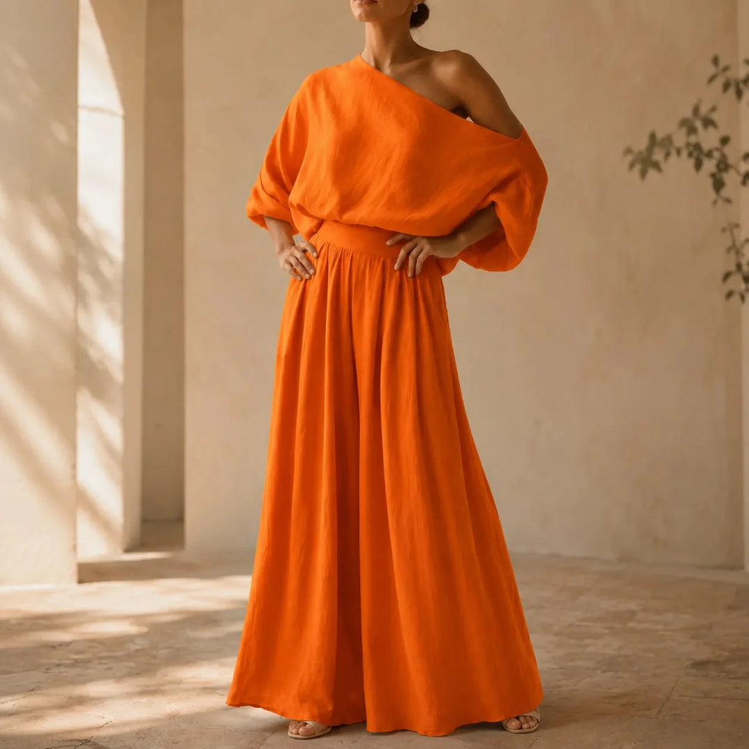 Orange Women's Wide-Leg Two-Piece Set — May Linen One-Shoulder Batwing - Front Pose Hands Hips