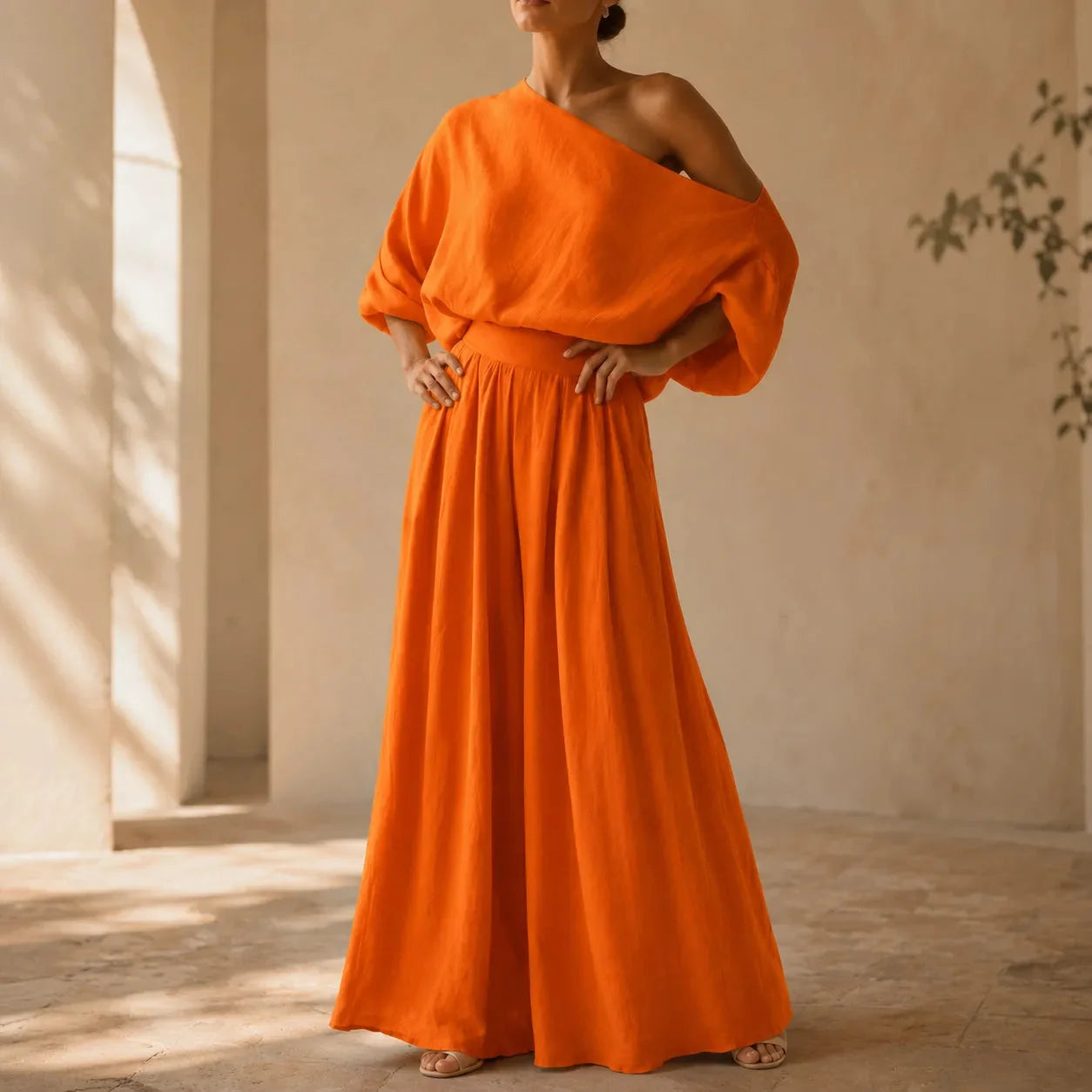 Orange Women's Wide-Leg Two-Piece Set — May Linen One-Shoulder Batwing - Front Pose Hands Hips