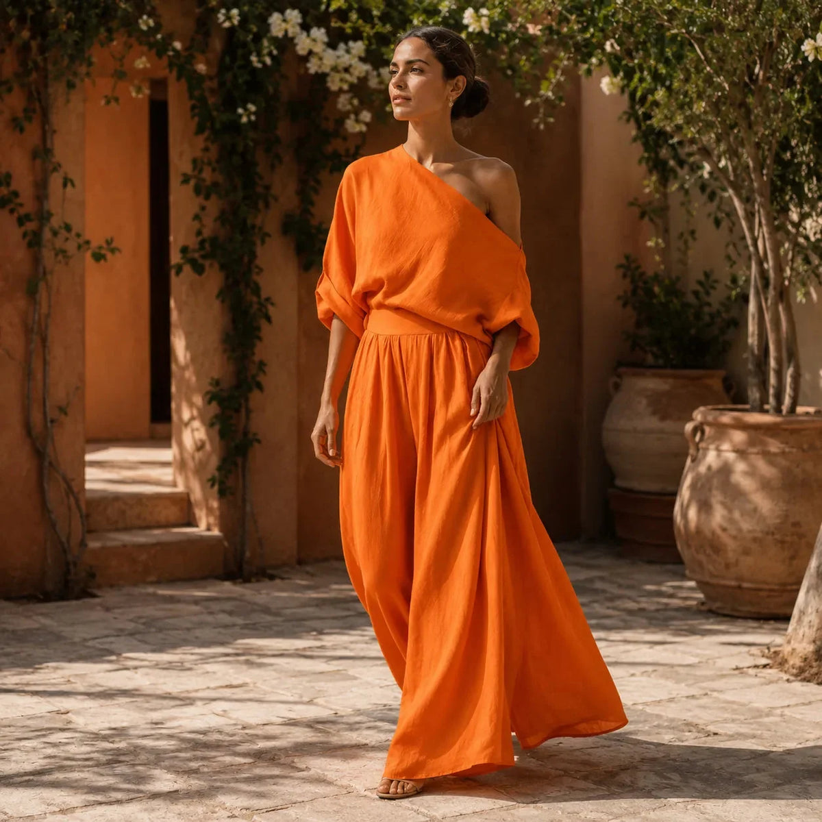 Women's Wide-Leg Two-Piece Set - Model Walking Outdoor