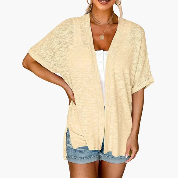 Abrikos Women's Open Front Cardigan — Everly Structured-Cuff Short Sleeve Oversized - Front Full