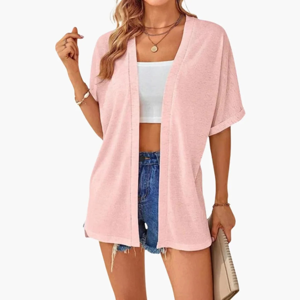 Pink Women's Open Front Cardigan - Outdoor Pose