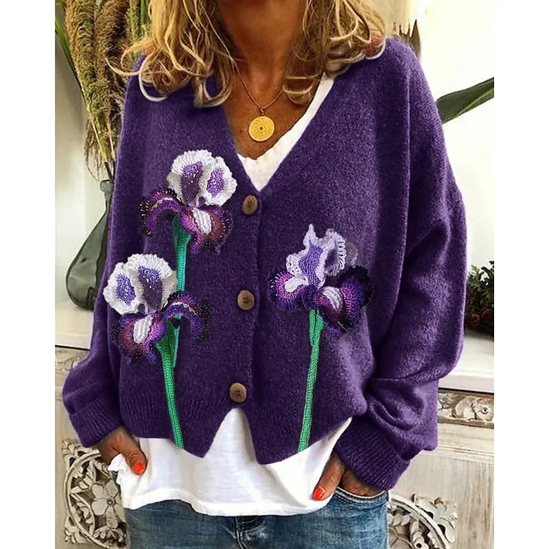 Purple Women's Floral Open-Front Cardigan with Relaxed Fit & Long Sleeves