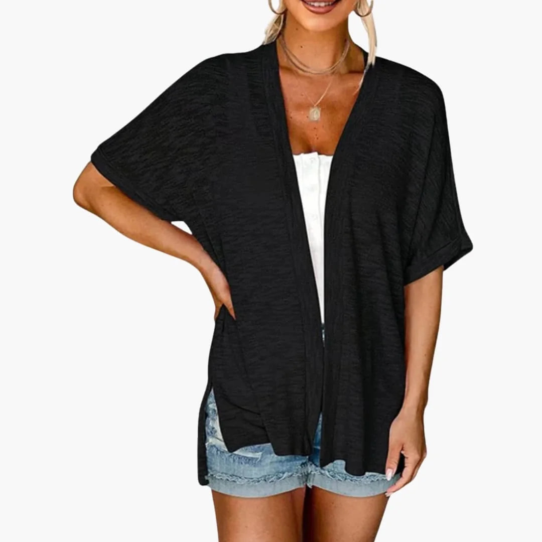 Sort Women's Open Front Cardigan — Everly Structured-Cuff Short Sleeve Oversized - Studio White
