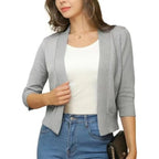 Beige Women's Open Front Cropped Cardigan with Three-Quarter Sleeves