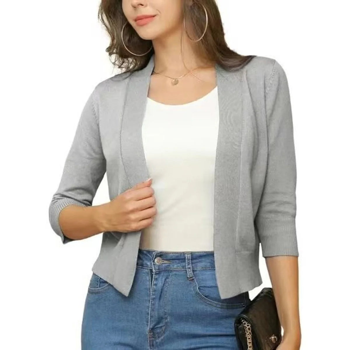 Beige Women's Open Front Cropped Cardigan with Three-Quarter Sleeves