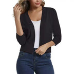 Black Women's Open Front Cropped Cardigan with 3/4 Sleeves & Ribbed Cuffs — Lana - Close Up Front