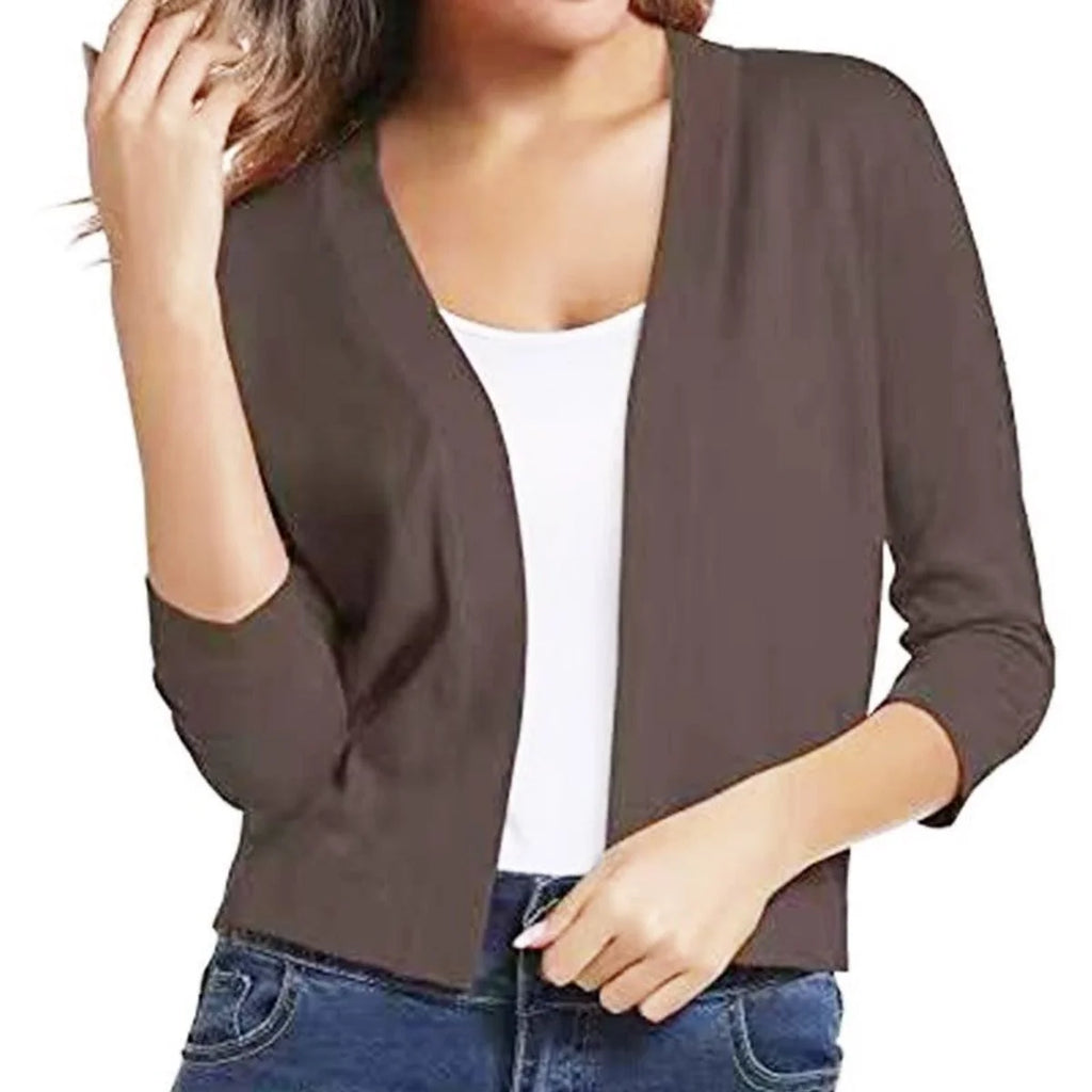 Brown Women's Open Front Cropped Cardigan with 3/4 Sleeves & Ribbed Cuffs — Lana - Front