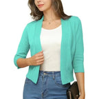 Brown Women's Open Front Cropped Cardigan with Three-Quarter Sleeves