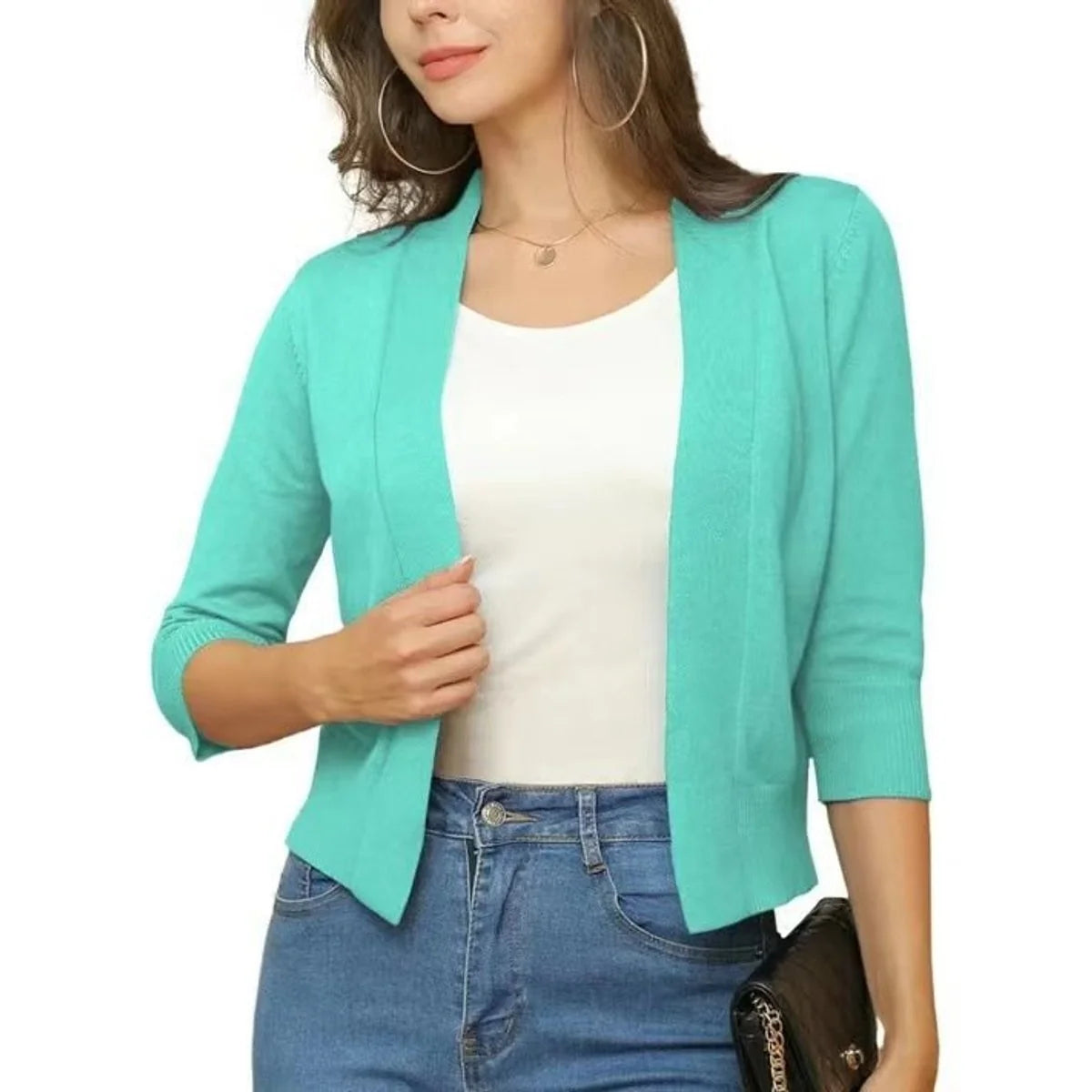 Brown Women's Open Front Cropped Cardigan with Three-Quarter Sleeves