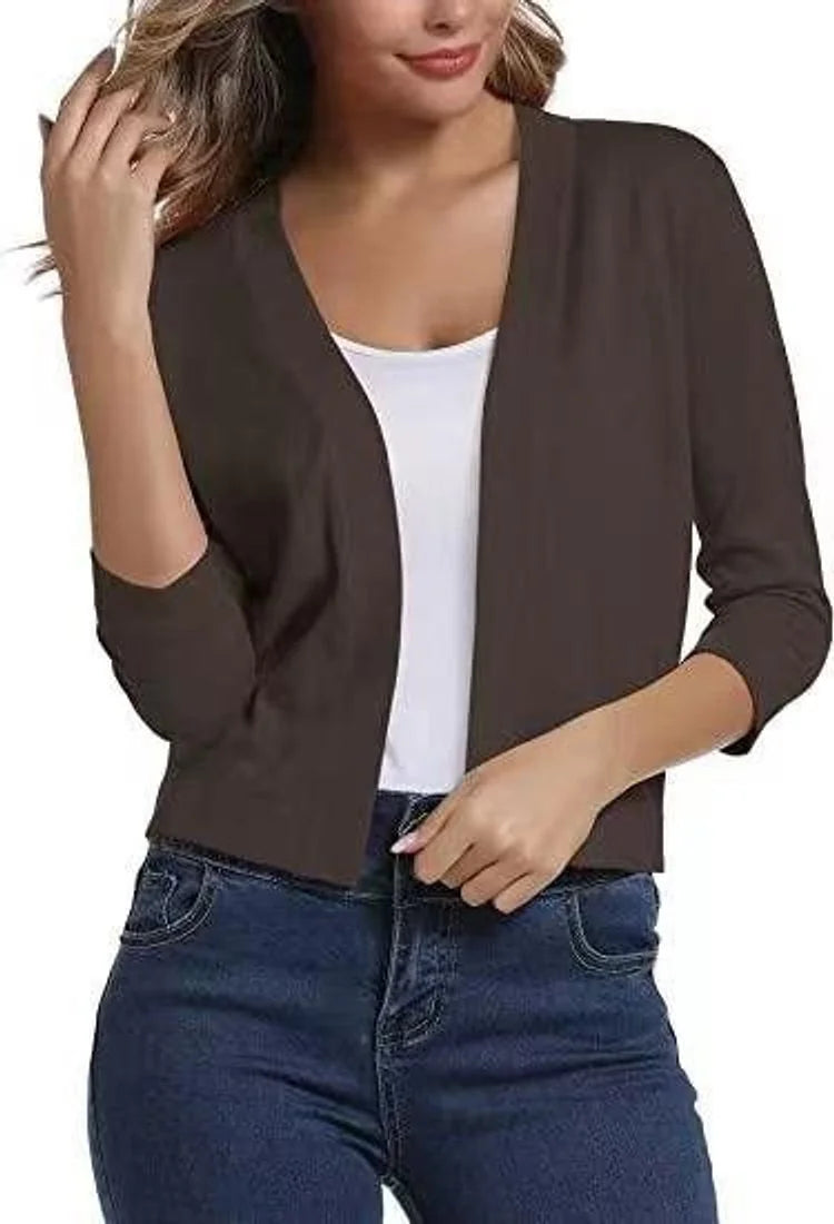 China Red Women's Open Front Cropped Cardigan with Three-Quarter Sleeves