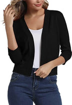Deep Navy Blue Women's Open Front Cropped Cardigan with Three-Quarter Sleeves