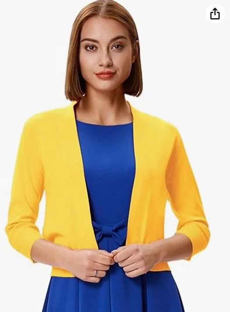 Gray Women's Open Front Cropped Cardigan with Three-Quarter Sleeves